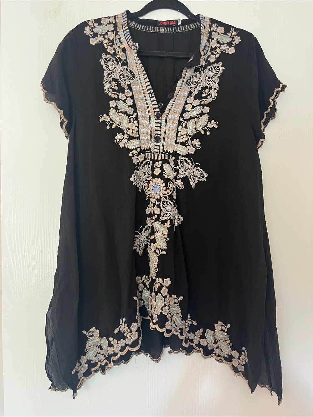 Johnny Was Black Embroidered V-Neck Tunic with Ivory & Gold Accents